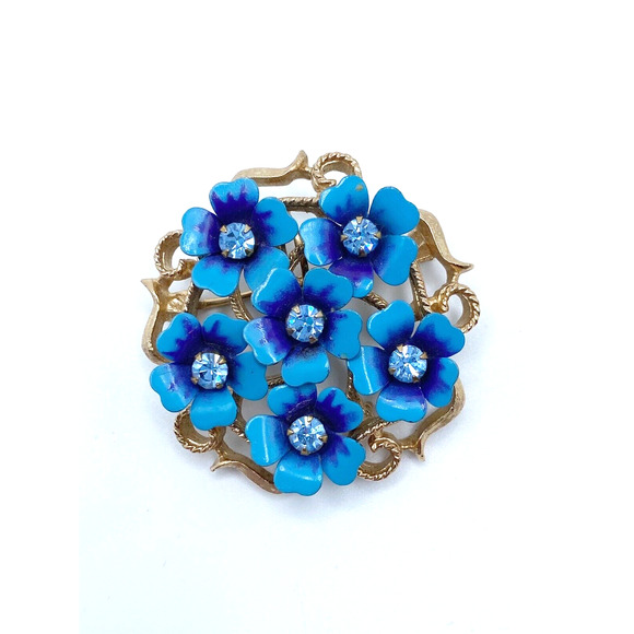 Avon Jewelry - Vintage Avon Blue Flowers Forget Me Not Brooch Pendant Enamel Rhinestone Gift